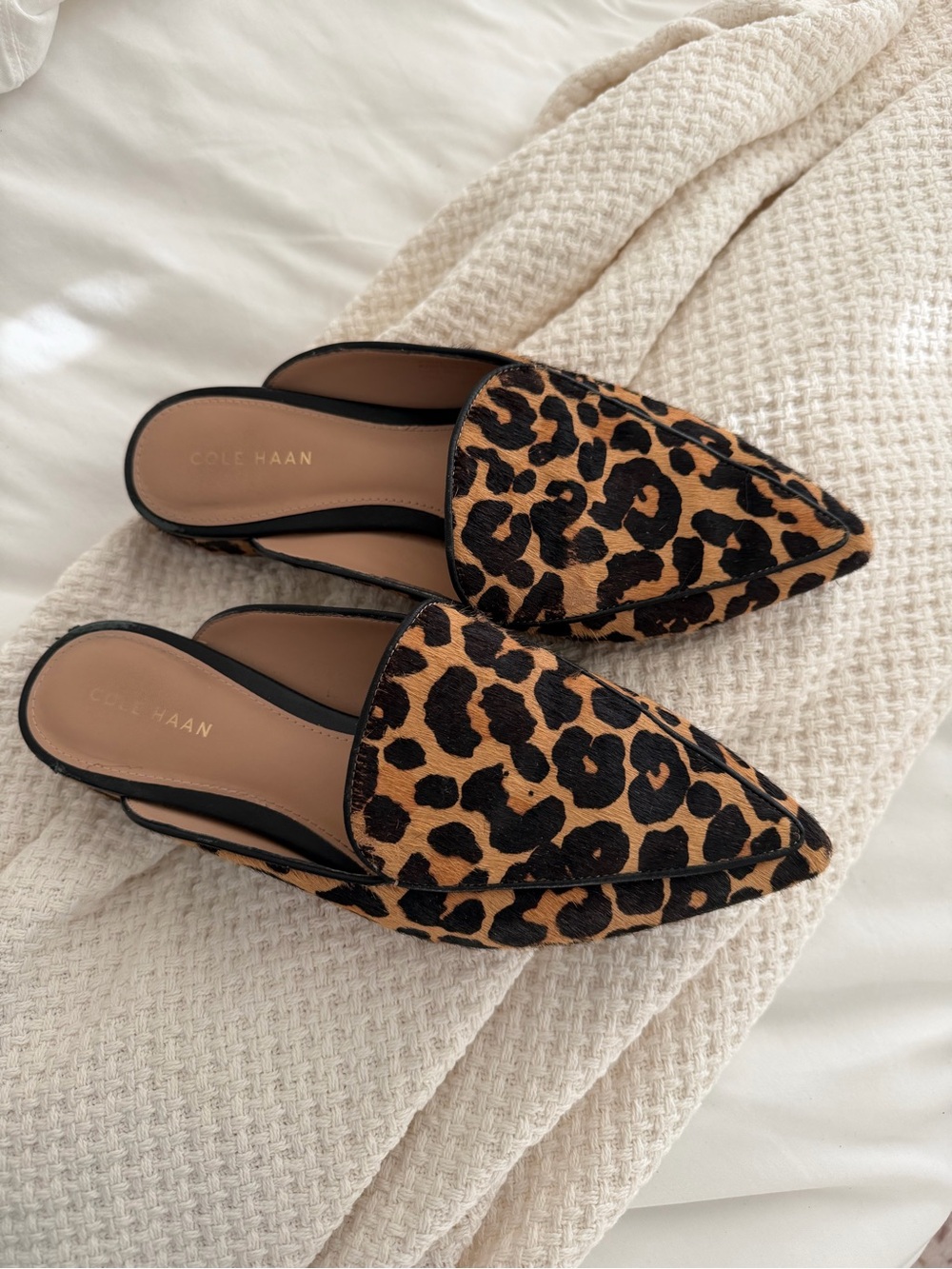 Cole Haan Leopard Print Pointed Toe Mule - Tan/Black- Calf Hair